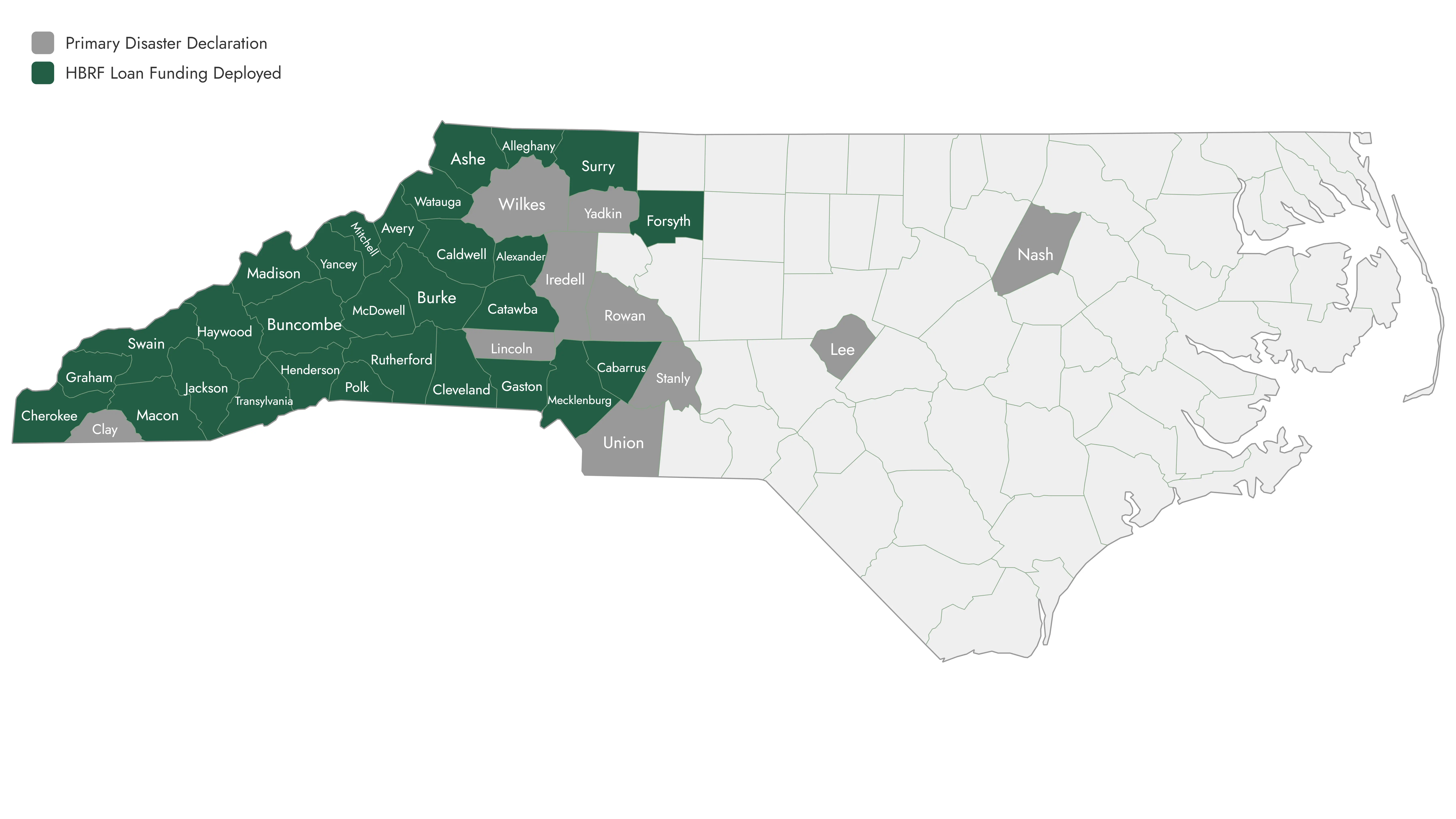 Map of North Carolina showing 29 counties served by the Helene Business Recovery Fund