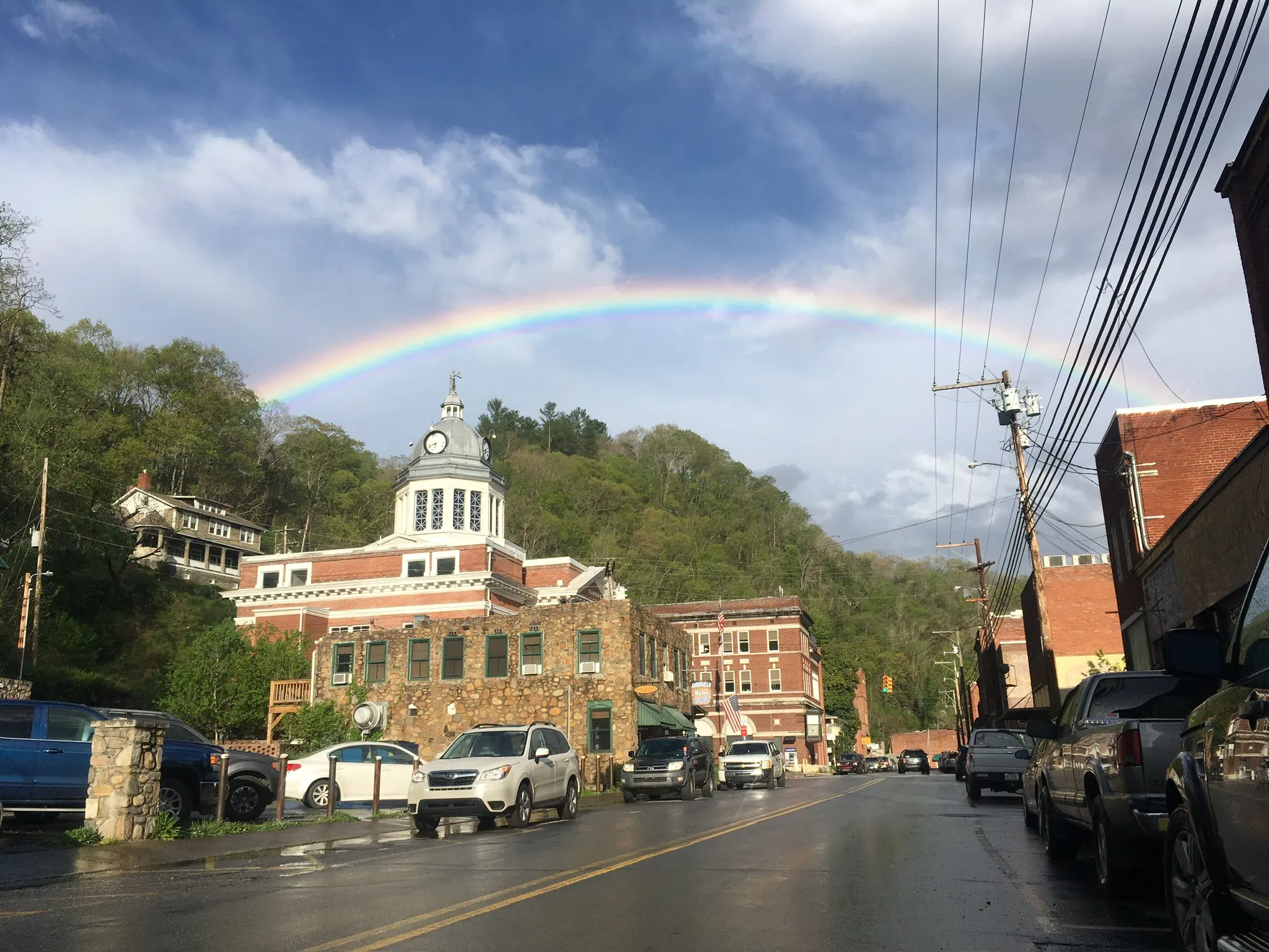 Rainbow over Marshall courthouse, Madison County, NC