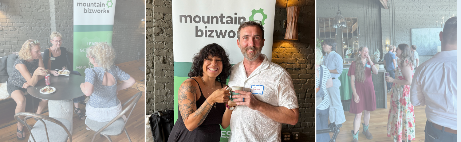 Guests mingle at a Mountain BizWorks networking event, including Trevor Baker holding the Jane Renfroe Award mug near a Mountain BizWorks banner.